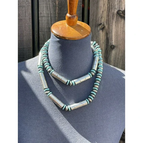 Navajo Sterling Silver Turquoise Handmade Beaded Necklace & Earrings Set - Picture 5 of 8